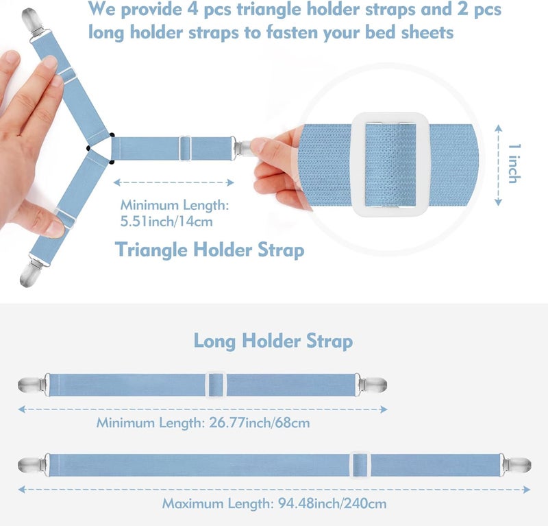 Eiruseed Bed Sheet Holder Straps, 4+2 Pcs Adjustable Mattress Sheet Clips, Bed Sheet Fasteners Elastic Sheet Suspenders to Keep Bed Sheet in Place for Different Beds (Blue) - Image 2